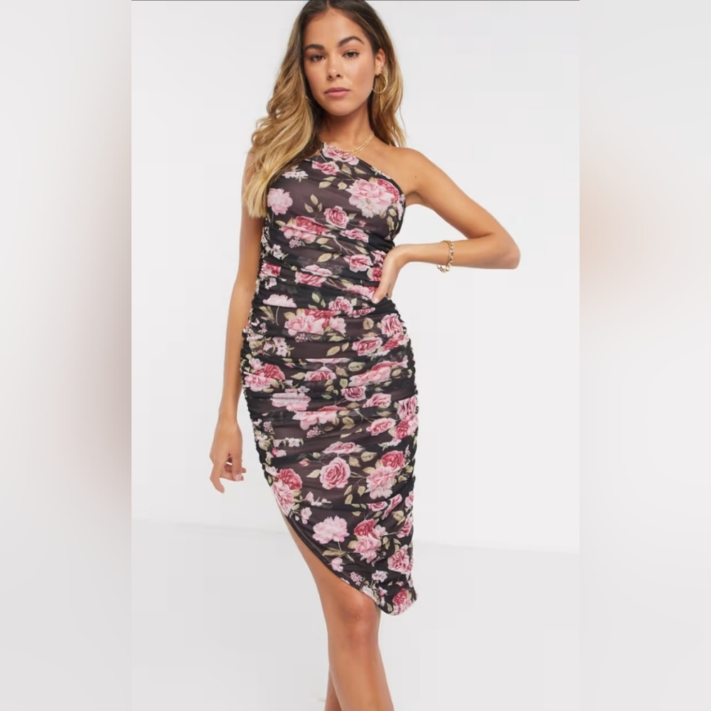 NWT LOVESOME One Shoulder Ruched Mesh Midi Dress in floral rose print (Size:L)